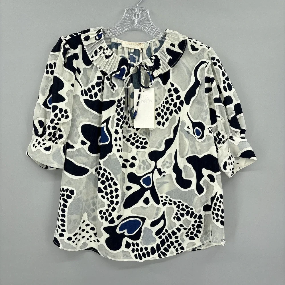 Ulla Johnson Blouse 2 Multicolor Ruffle Neck Puff Sleeve Sheer Marcella Top NEW